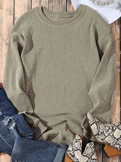 Green Ribbed Knit Corduroy Round Neck Pullover Sweatshirt