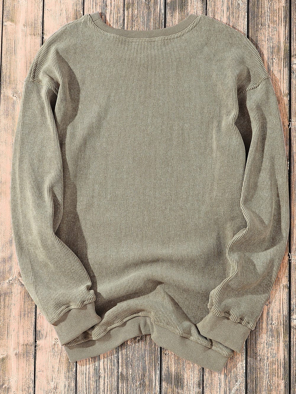 Green Ribbed Knit Corduroy Round Neck Pullover Sweatshirt