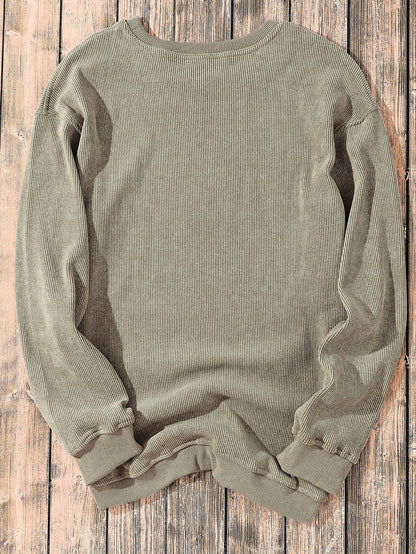 Green Ribbed Knit Corduroy Round Neck Pullover Sweatshirt