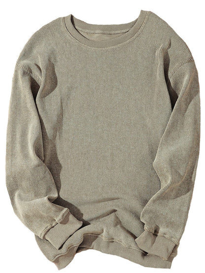 Green Ribbed Knit Corduroy Round Neck Pullover Sweatshirt