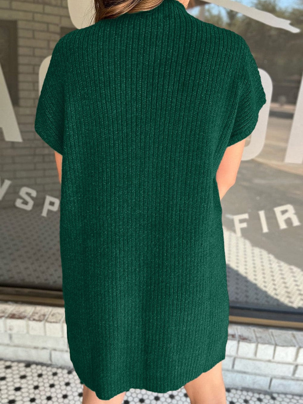Green Ribbed Knit Short Sleeve Sweater Dress with Patch Pocket