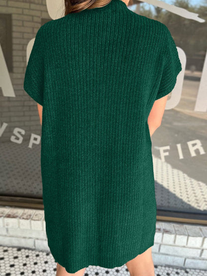 Green Ribbed Knit Short Sleeve Sweater Dress with Patch Pocket