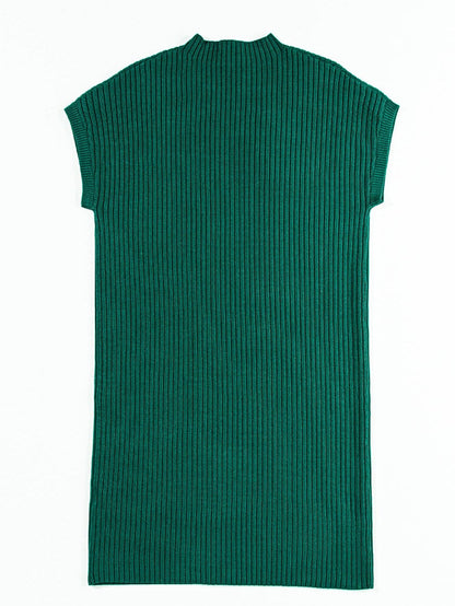 Green Ribbed Knit Short Sleeve Sweater Dress with Patch Pocket