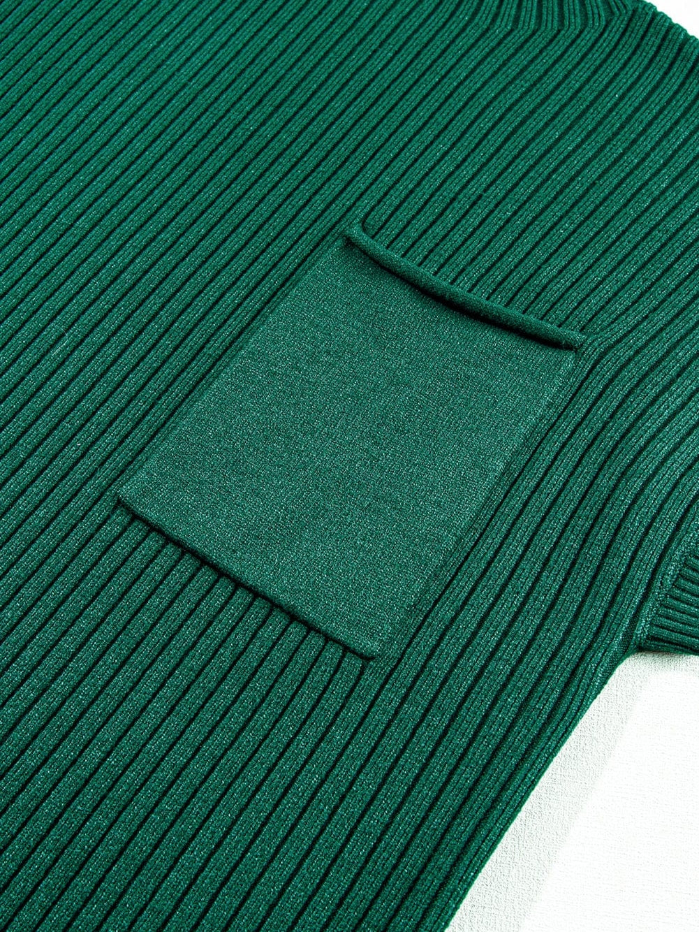 Green Ribbed Knit Short Sleeve Sweater Dress with Patch Pocket