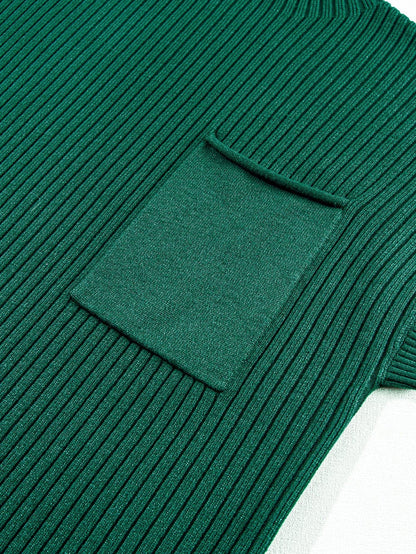 Green Ribbed Knit Short Sleeve Sweater Dress with Patch Pocket