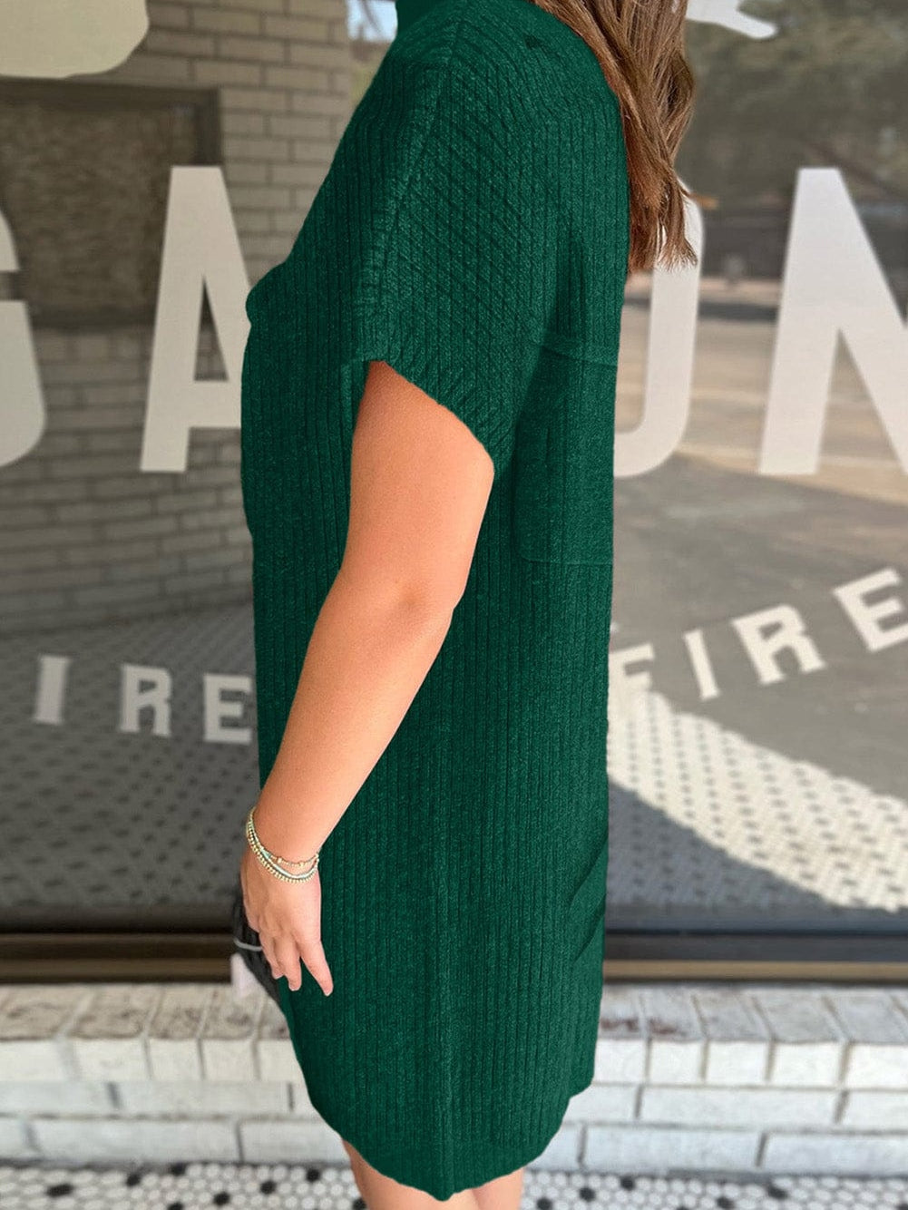 Green Ribbed Knit Short Sleeve Sweater Dress with Patch Pocket