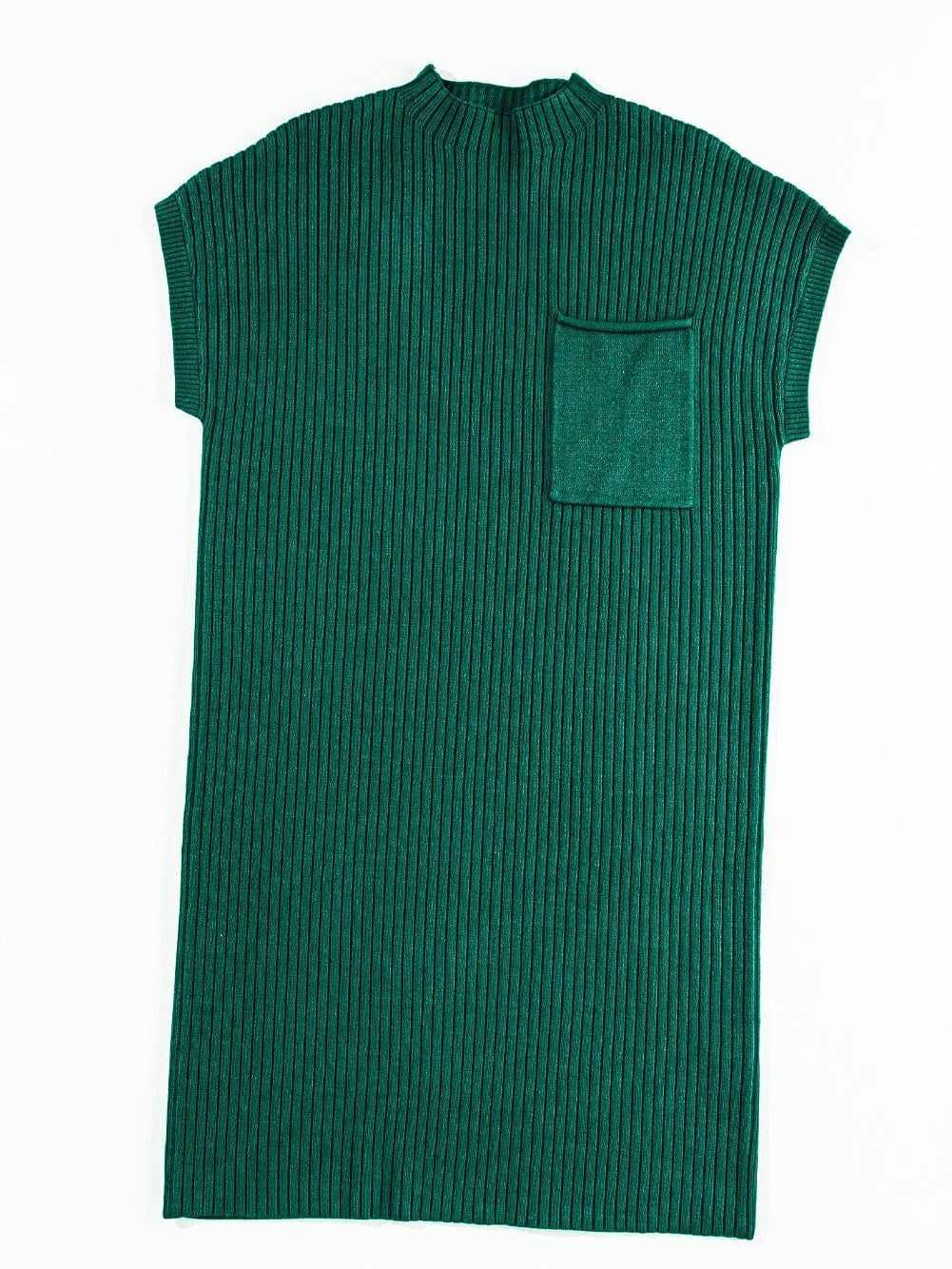 Green Ribbed Knit Short Sleeve Sweater Dress with Patch Pocket