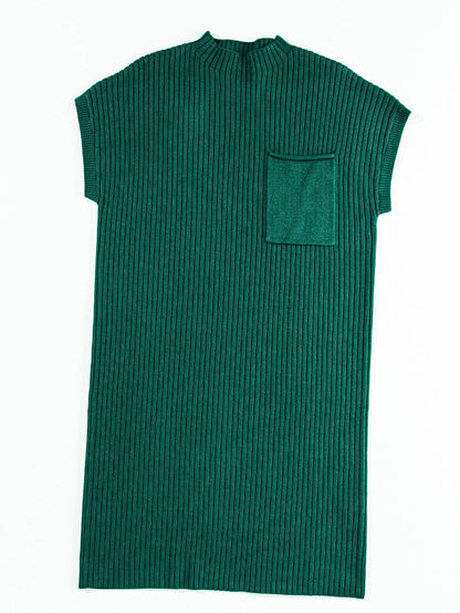 Green Ribbed Knit Short Sleeve Sweater Dress with Patch Pocket