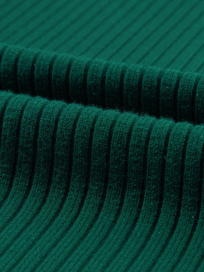 Green Ribbed Knit Short Sleeve Sweater Dress with Patch Pocket