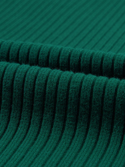 Green Ribbed Knit Short Sleeve Sweater Dress with Patch Pocket