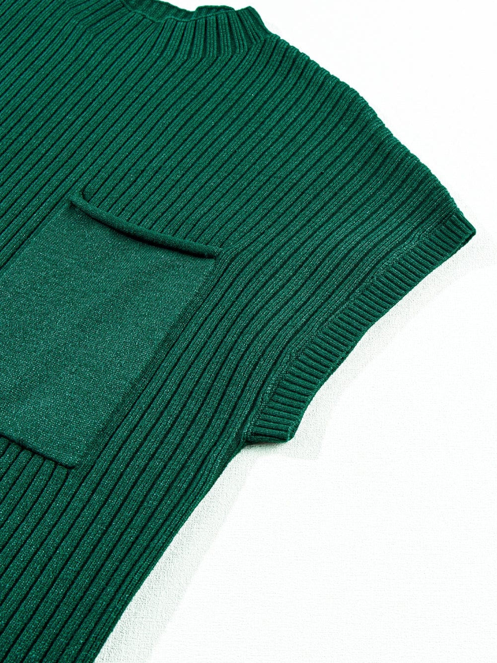 Green Ribbed Knit Short Sleeve Sweater Dress with Patch Pocket