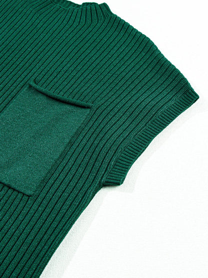 Green Ribbed Knit Short Sleeve Sweater Dress with Patch Pocket