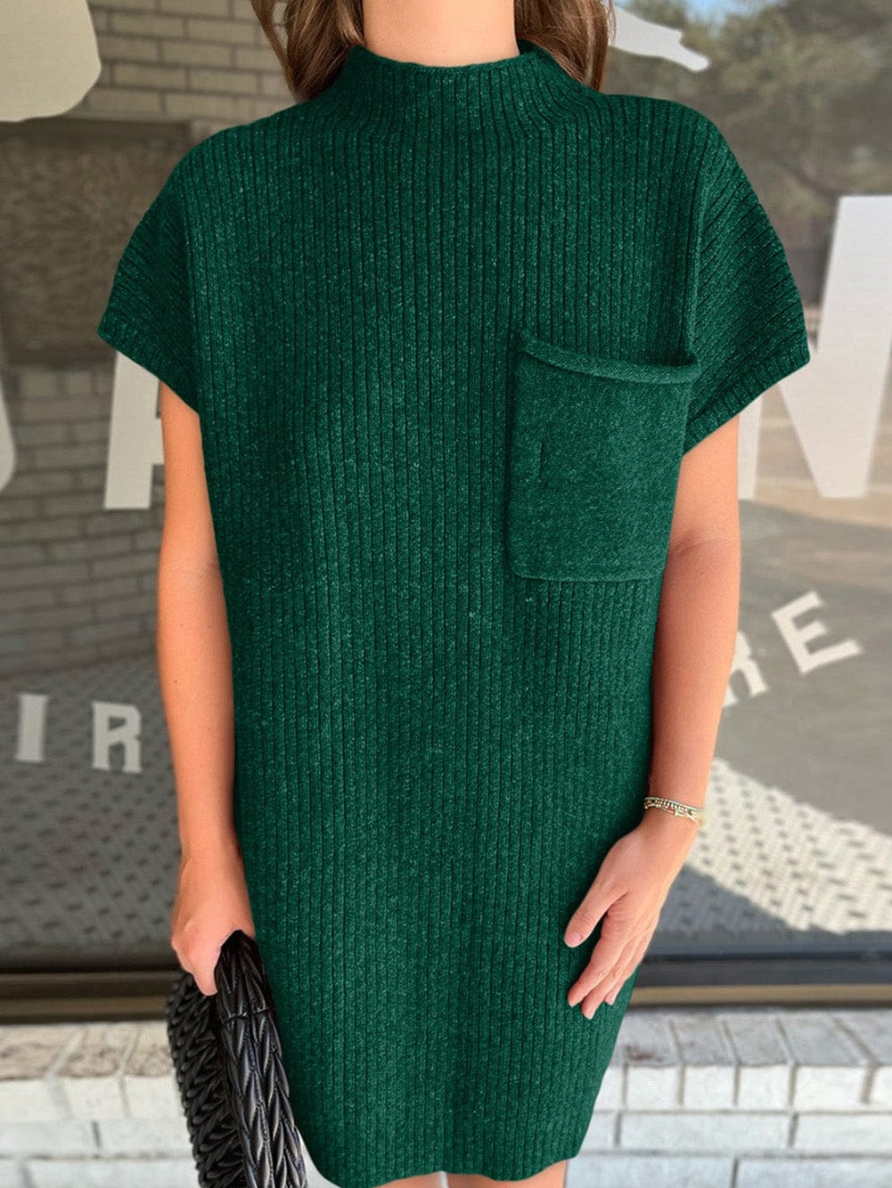 Green Ribbed Knit Short Sleeve Sweater Dress with Patch Pocket