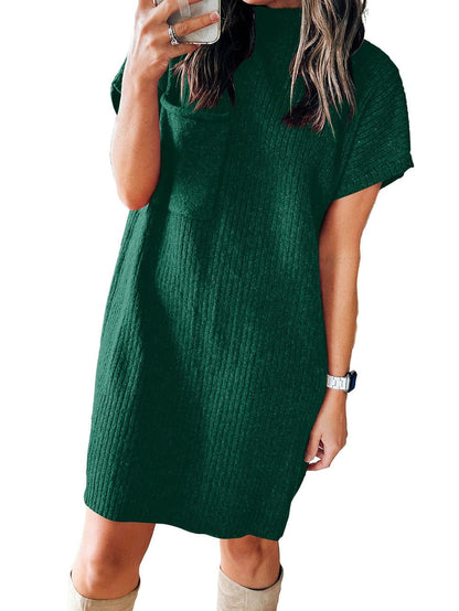 Green Ribbed Knit Short Sleeve Sweater Dress with Patch Pocket