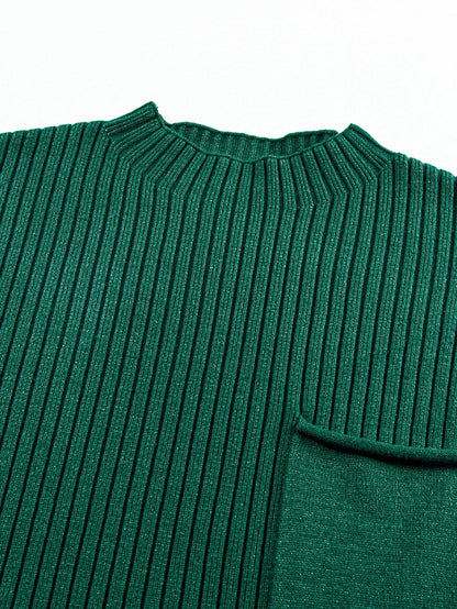 Green Ribbed Knit Short Sleeve Sweater Dress with Patch Pocket