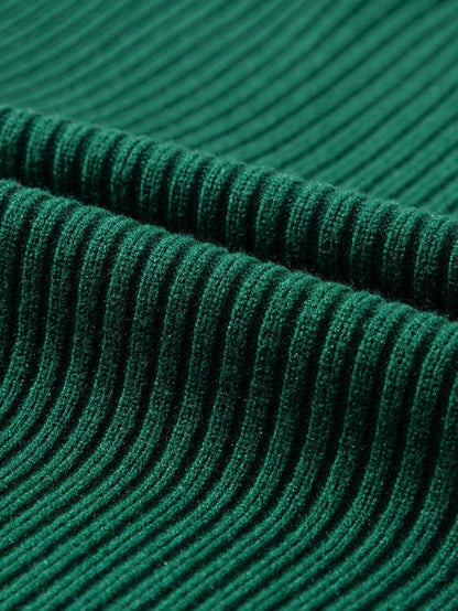 Green Ribbed Knit Short Sleeve Sweater with Patch Pocket