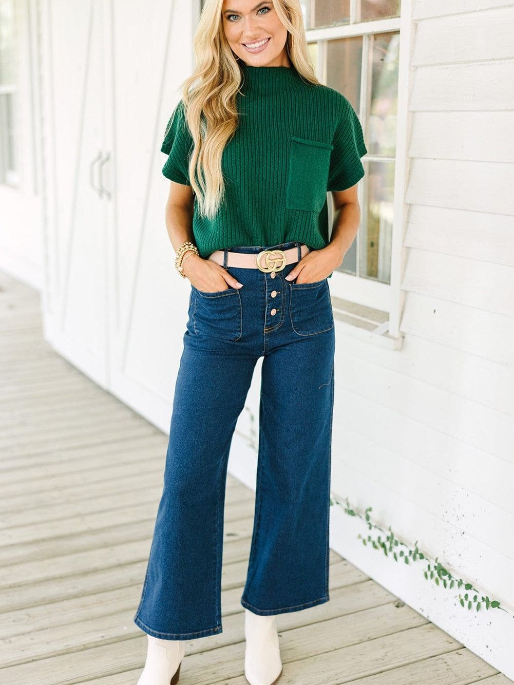 Green Ribbed Knit Short Sleeve Sweater with Patch Pocket