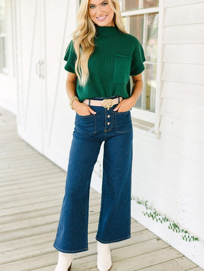 Green Ribbed Knit Short Sleeve Sweater with Patch Pocket