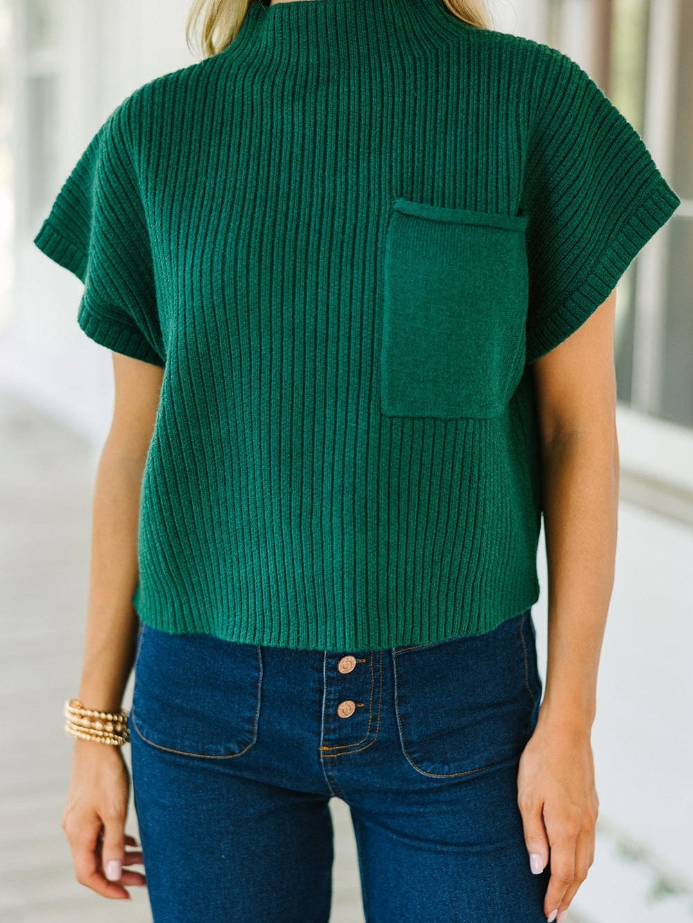 Green Ribbed Knit Short Sleeve Sweater with Patch Pocket