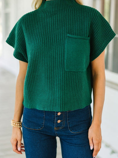 Green Ribbed Knit Short Sleeve Sweater with Patch Pocket