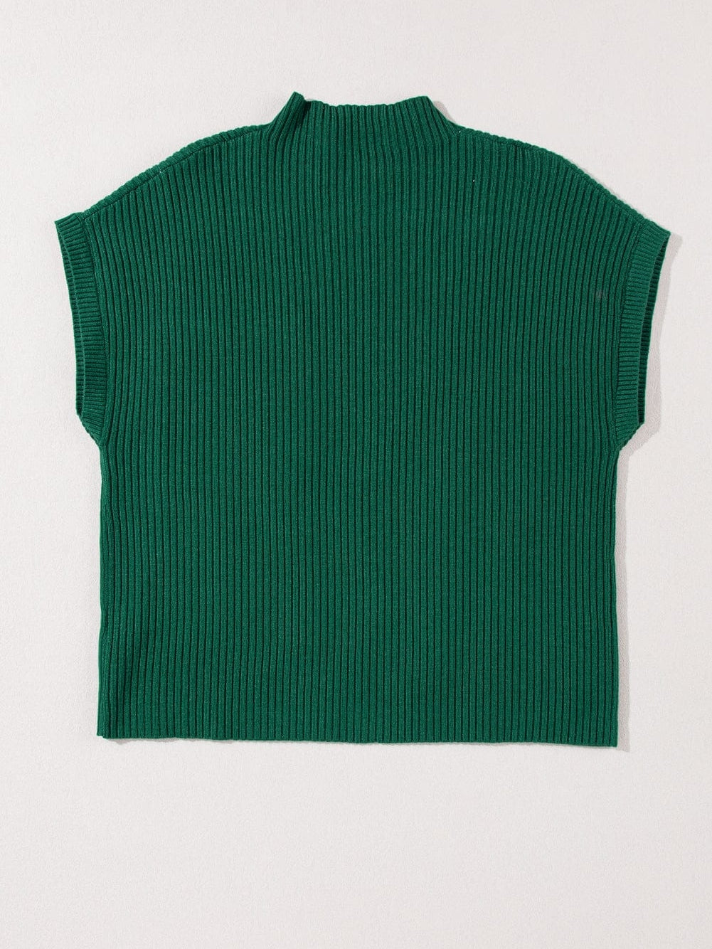 Green Ribbed Knit Short Sleeve Sweater with Patch Pocket