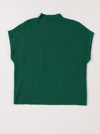 Green Ribbed Knit Short Sleeve Sweater with Patch Pocket