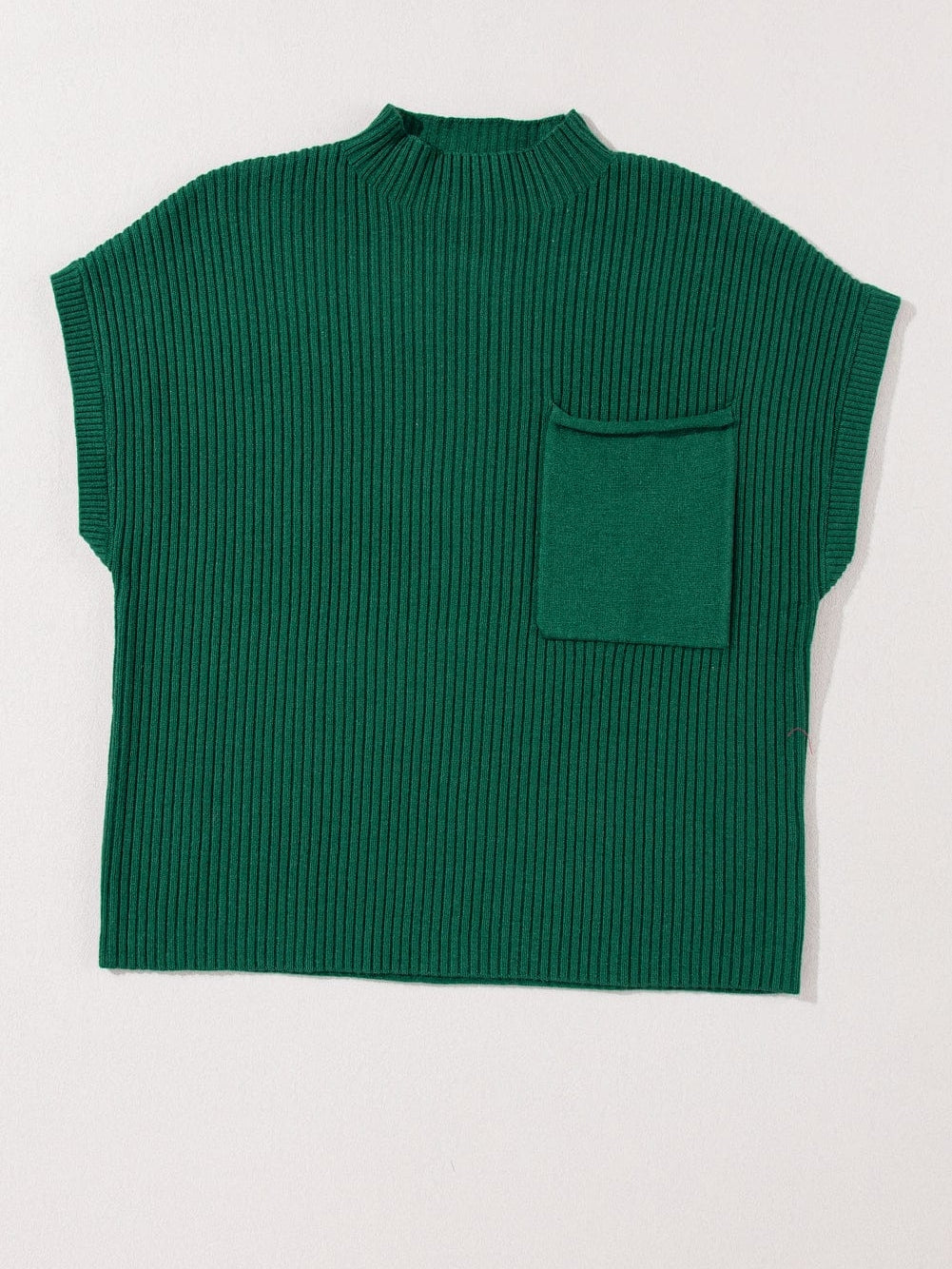 Green Ribbed Knit Short Sleeve Sweater with Patch Pocket