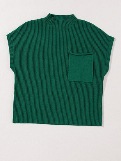 Green Ribbed Knit Short Sleeve Sweater with Patch Pocket