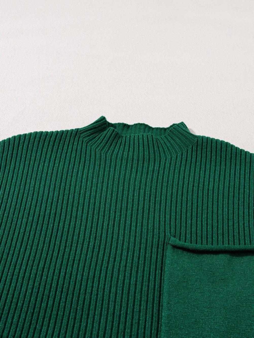 Green Ribbed Knit Short Sleeve Sweater with Patch Pocket
