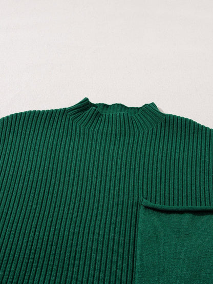 Green Ribbed Knit Short Sleeve Sweater with Patch Pocket
