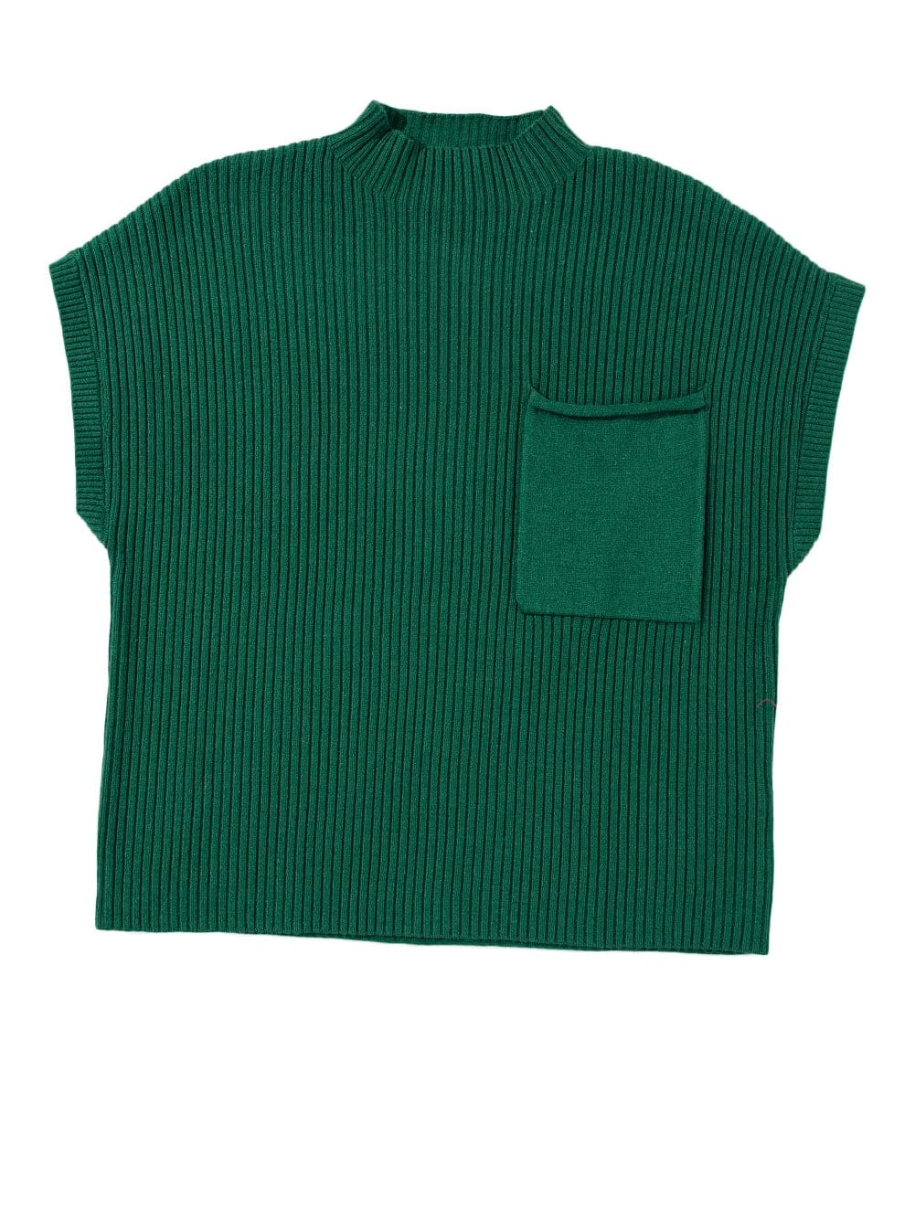 Green Ribbed Knit Short Sleeve Sweater with Patch Pocket