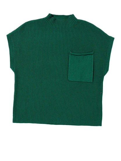Green Ribbed Knit Short Sleeve Sweater with Patch Pocket