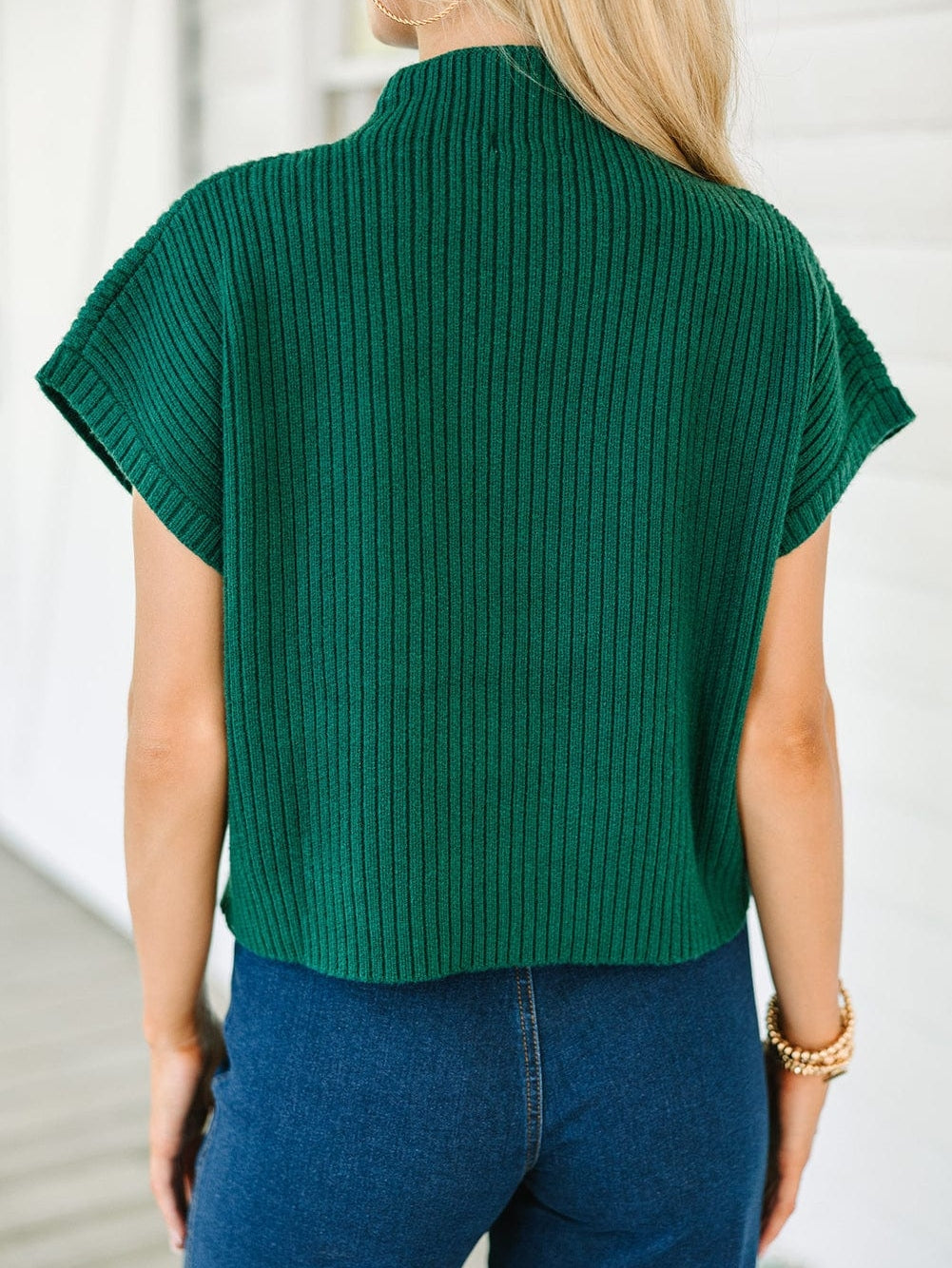 Green Ribbed Knit Short Sleeve Sweater with Patch Pocket