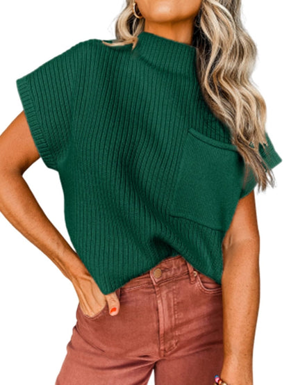 Green Ribbed Knit Short Sleeve Sweater with Patch Pocket