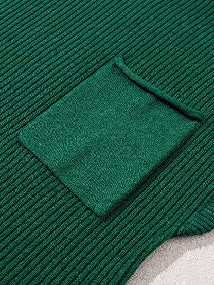 Green Ribbed Knit Short Sleeve Sweater with Patch Pocket