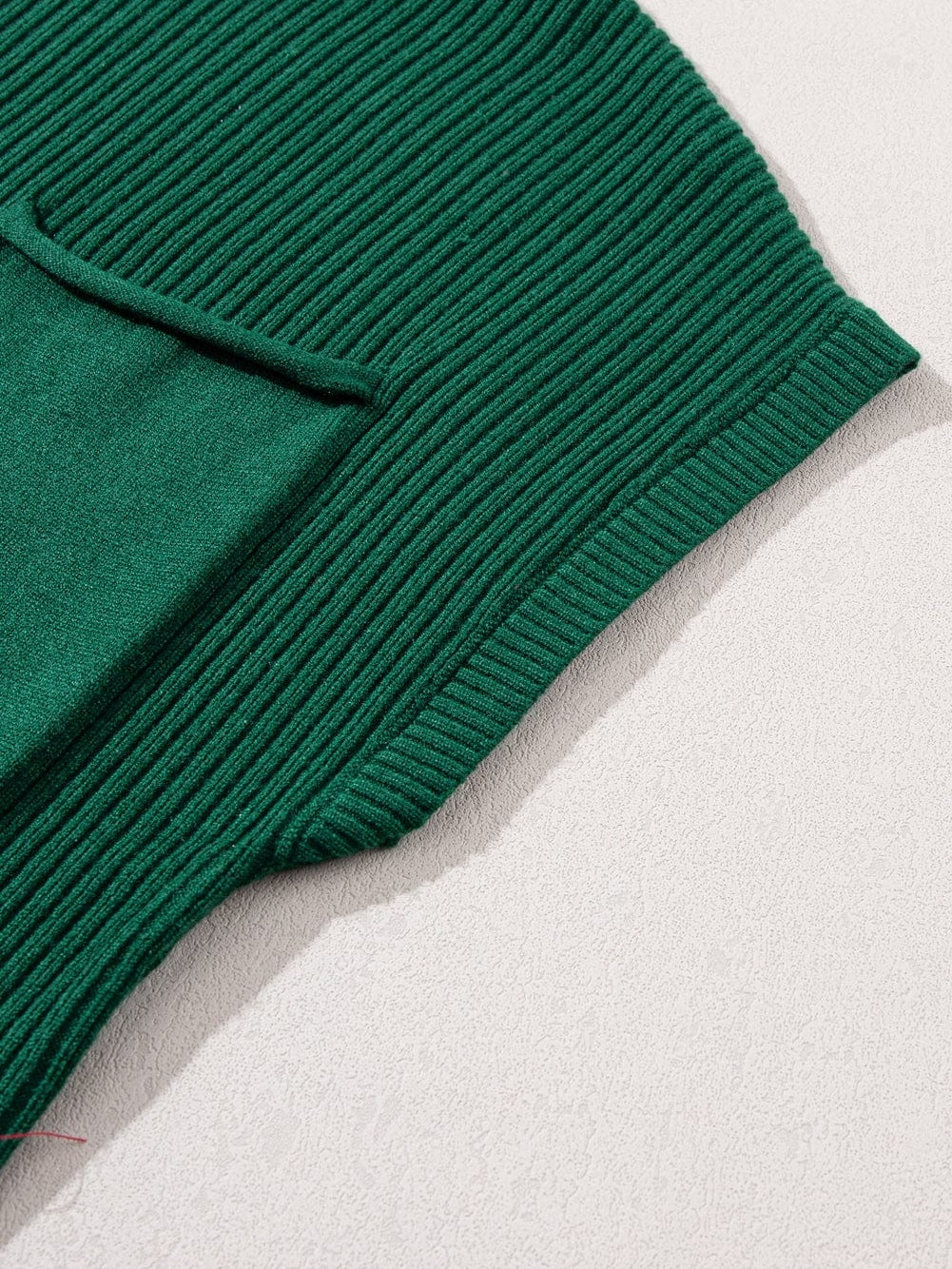 Green Ribbed Knit Short Sleeve Sweater with Patch Pocket