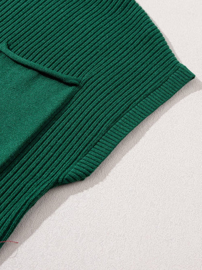 Green Ribbed Knit Short Sleeve Sweater with Patch Pocket