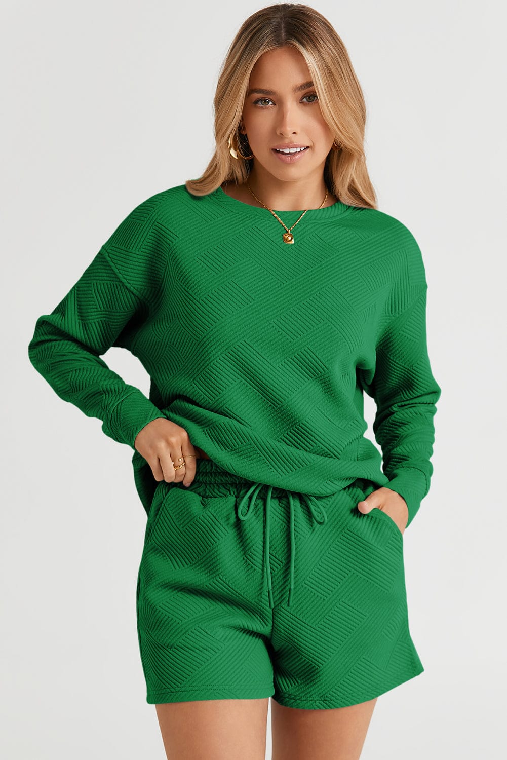 Green Ribbed Lounge Set with Long Sleeve Top and Drawstring Shorts