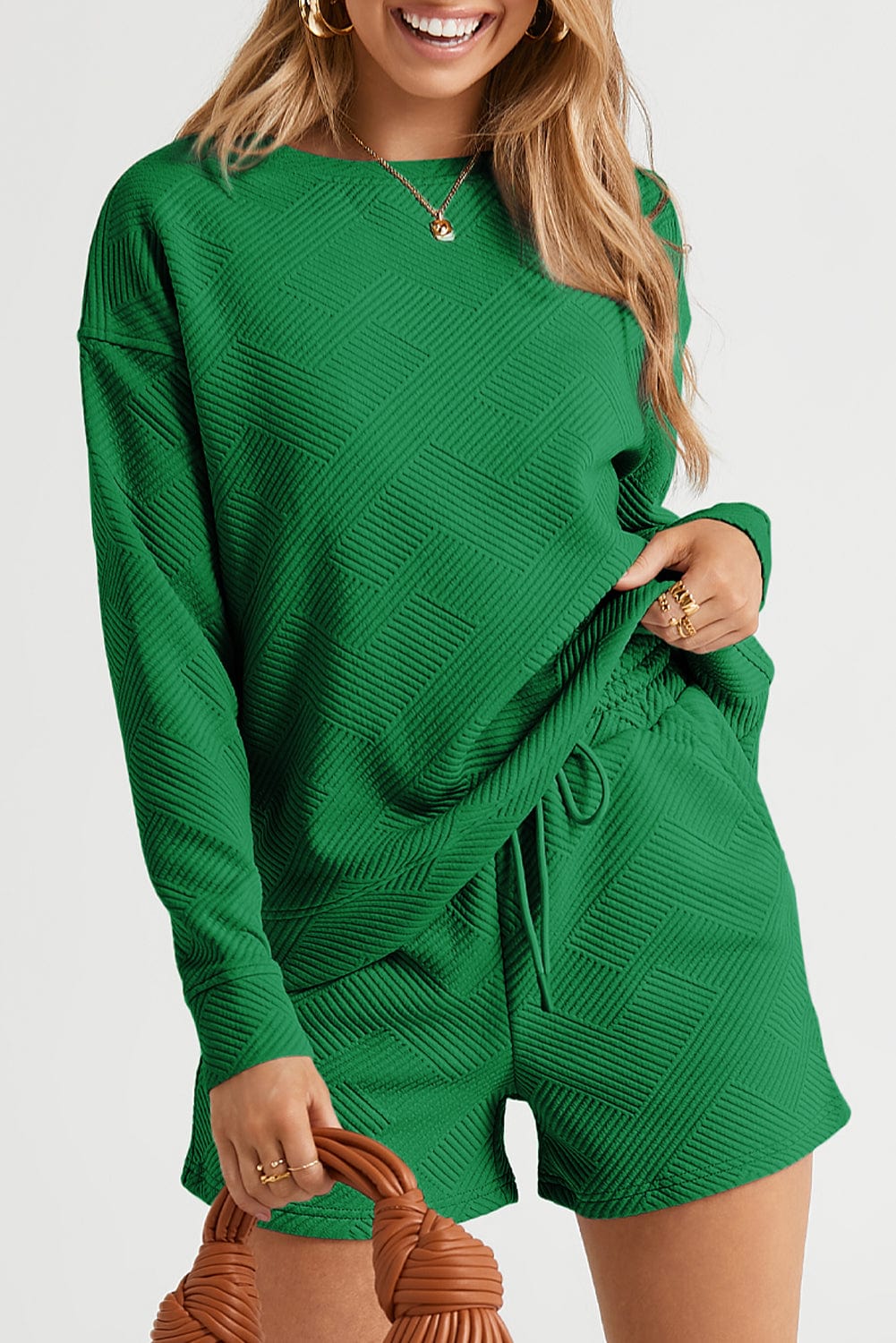 Green Ribbed Lounge Set with Long Sleeve Top and Drawstring Shorts
