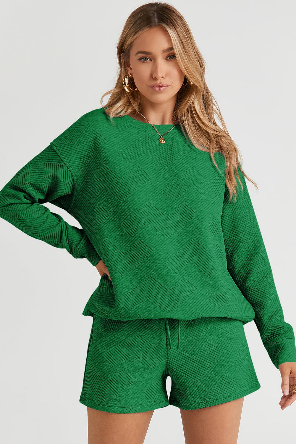 Green Ribbed Lounge Set with Long Sleeve Top and Drawstring Shorts