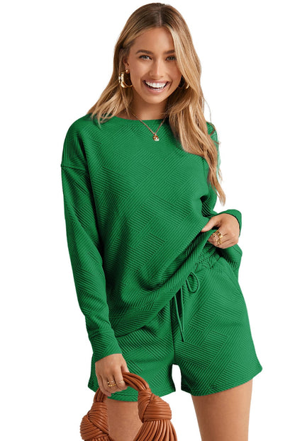 Green Ribbed Lounge Set with Long Sleeve Top and Drawstring Shorts