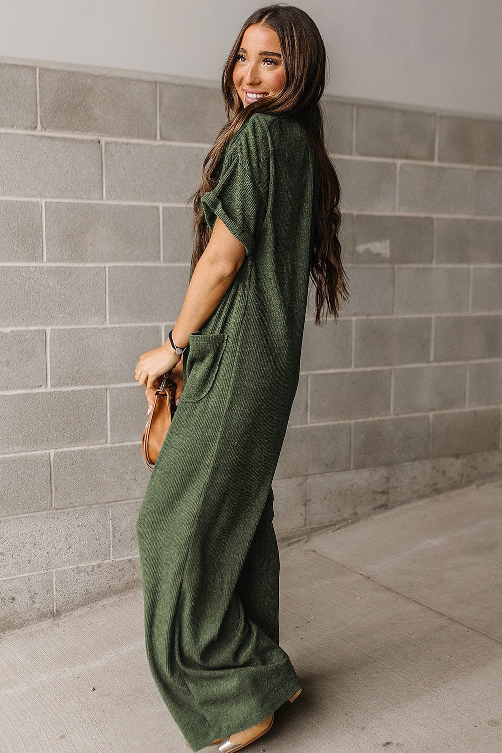Green Ribbed Textured Wide Leg Jumpsuit with Buttoned Side Pockets