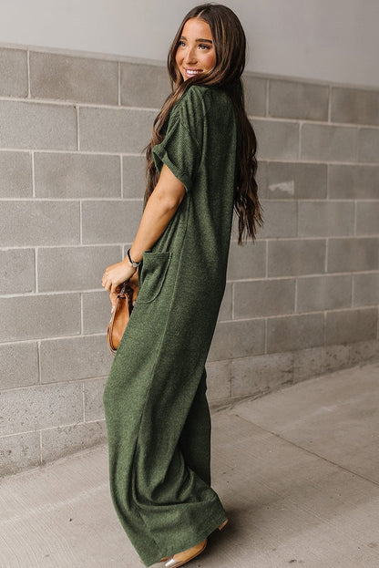 Green Ribbed Textured Wide Leg Jumpsuit with Buttoned Side Pockets