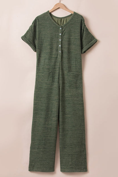 Green Ribbed Textured Wide Leg Jumpsuit with Buttoned Side Pockets