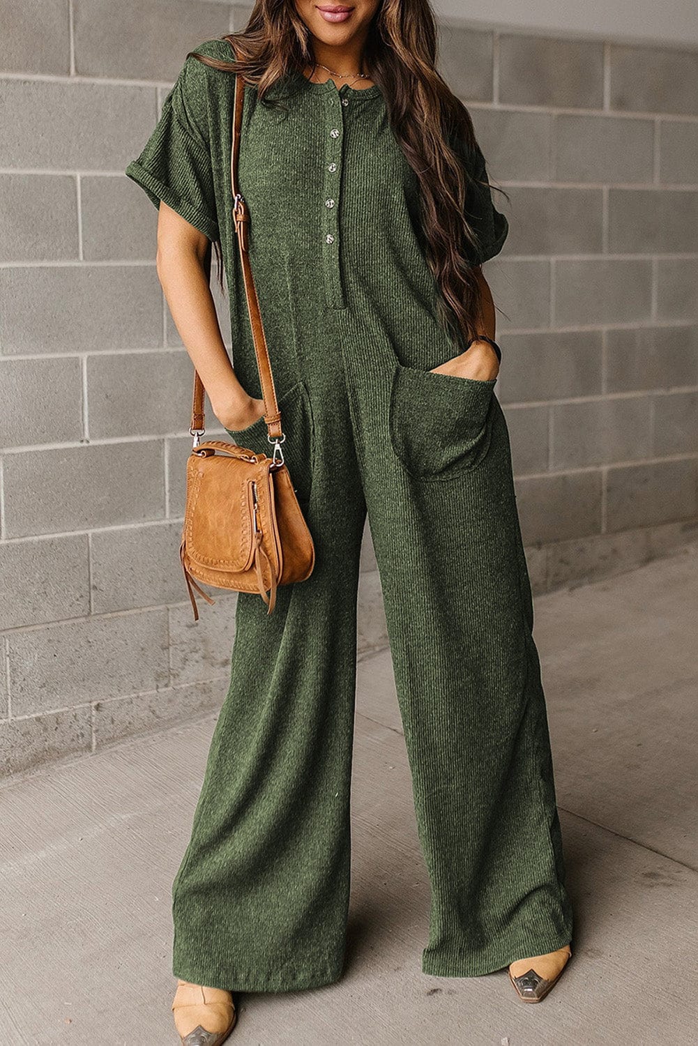 Green Ribbed Textured Wide Leg Jumpsuit with Buttoned Side Pockets