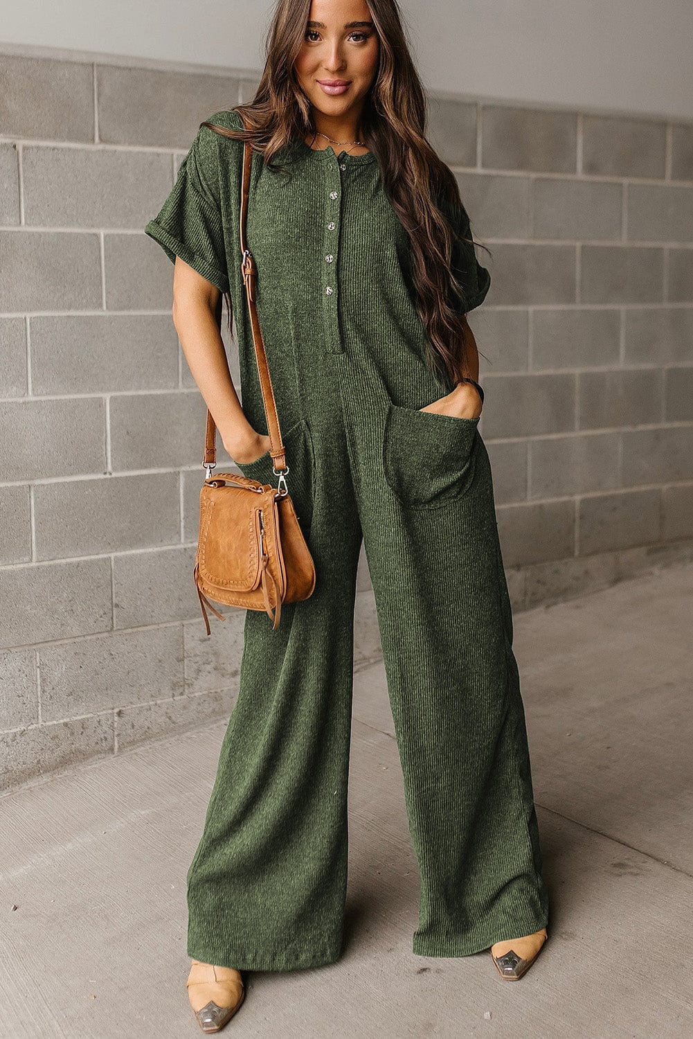 Green Ribbed Textured Wide Leg Jumpsuit with Buttoned Side Pockets