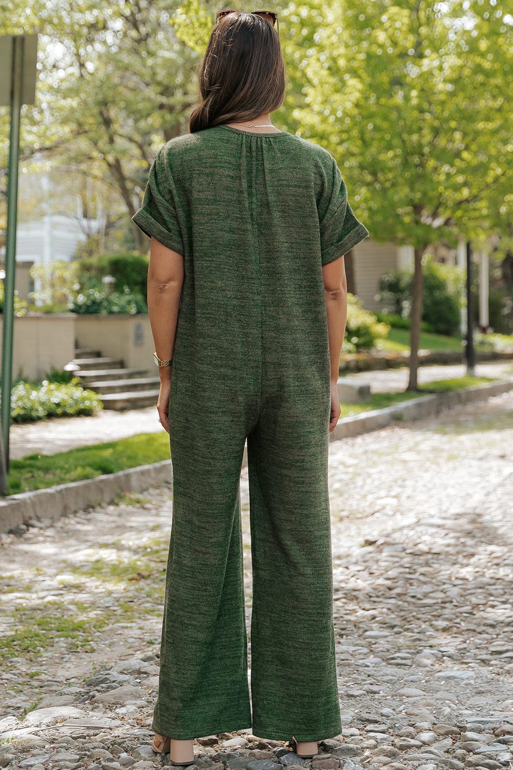 Green Ribbed Textured Wide Leg Jumpsuit with Buttoned Side Pockets