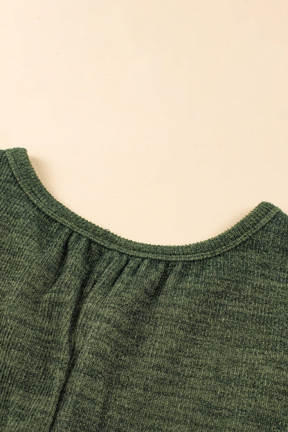 Green Ribbed Textured Wide Leg Jumpsuit with Buttoned Side Pockets