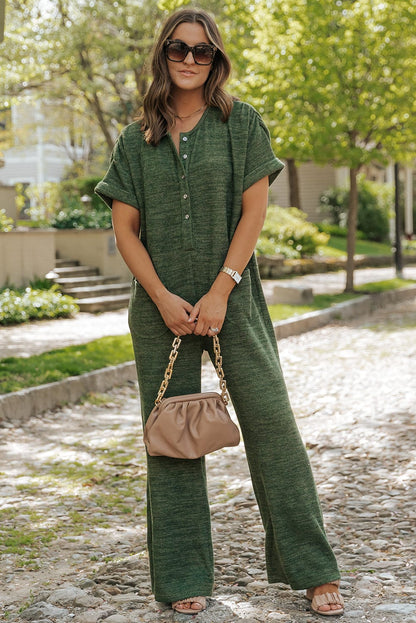 Green Ribbed Textured Wide Leg Jumpsuit with Buttoned Side Pockets