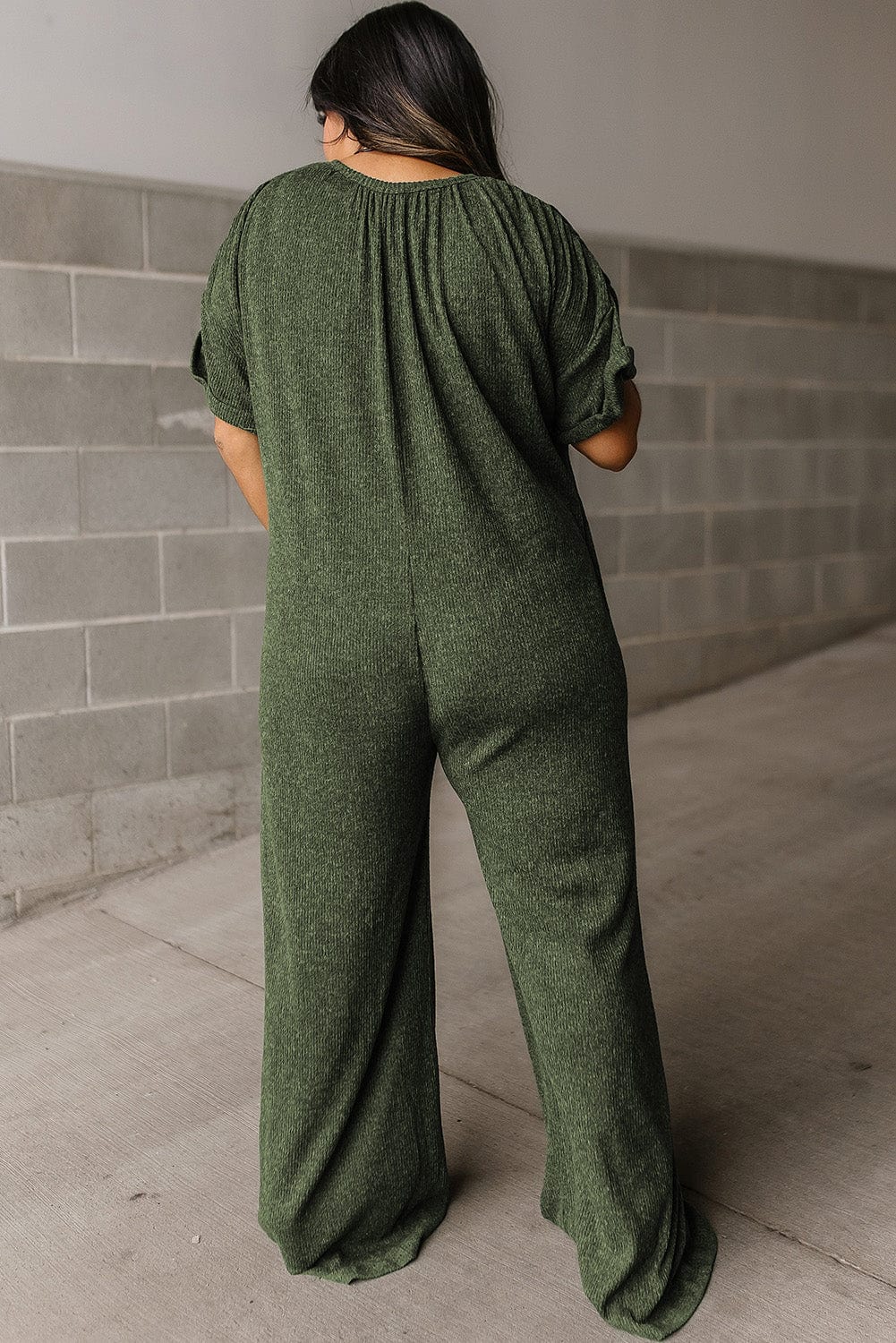Green Ribbed Textured Wide Leg Jumpsuit with Buttoned Side Pockets